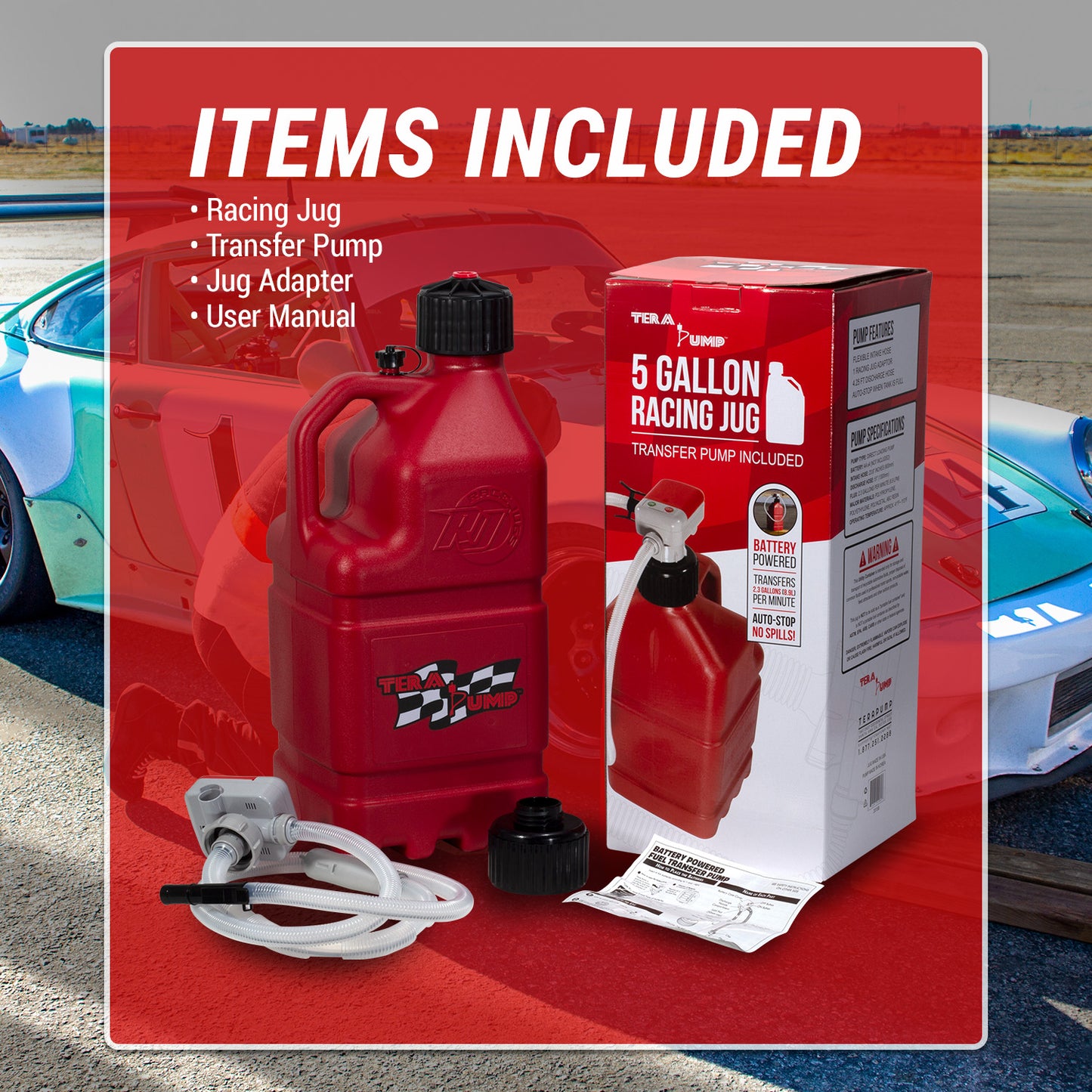 TRJ5XLR | 5 Gallon Racing Jug with Transfer Pump (Includes Gas Can)